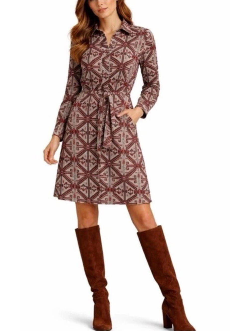 Nieves Lavi Wool Shirt Dress Size 2 Red Geometric Print Belted Long Sleeve